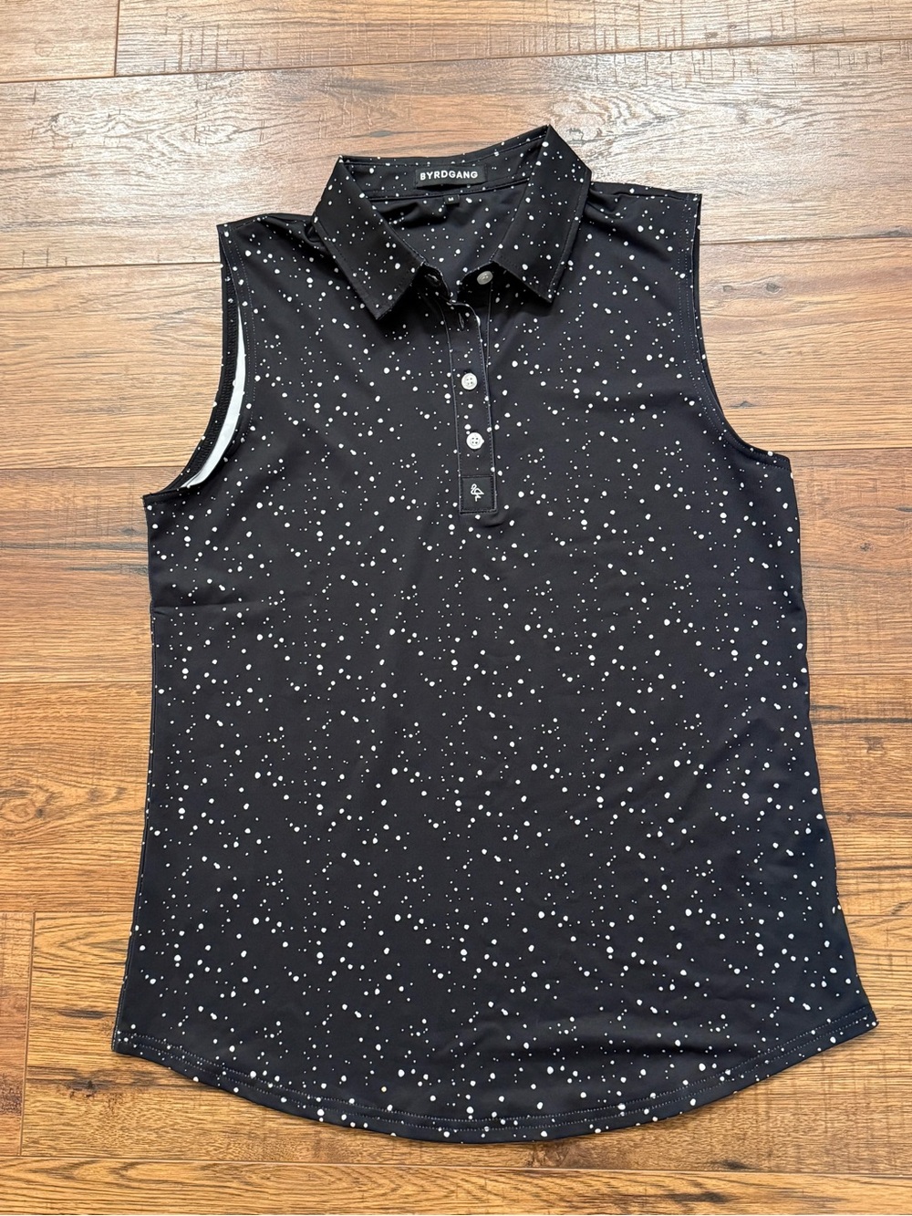 Women's Black Sleeveless Polo Tank with White Speckle Print